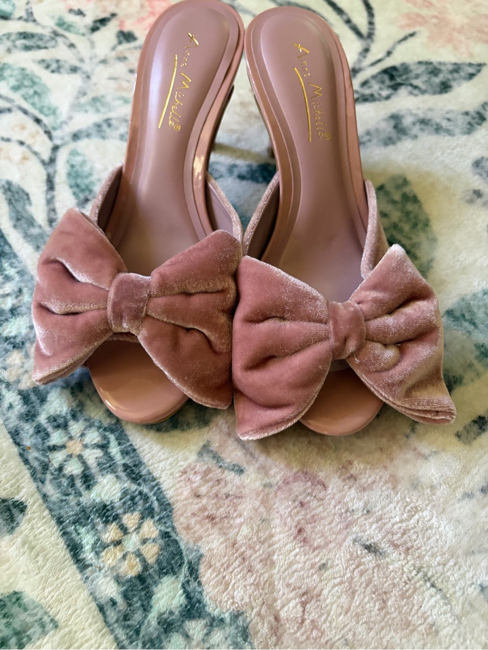 Anne Michelle Velvet Bow Kitten Heel Sandal - Mauve Pink